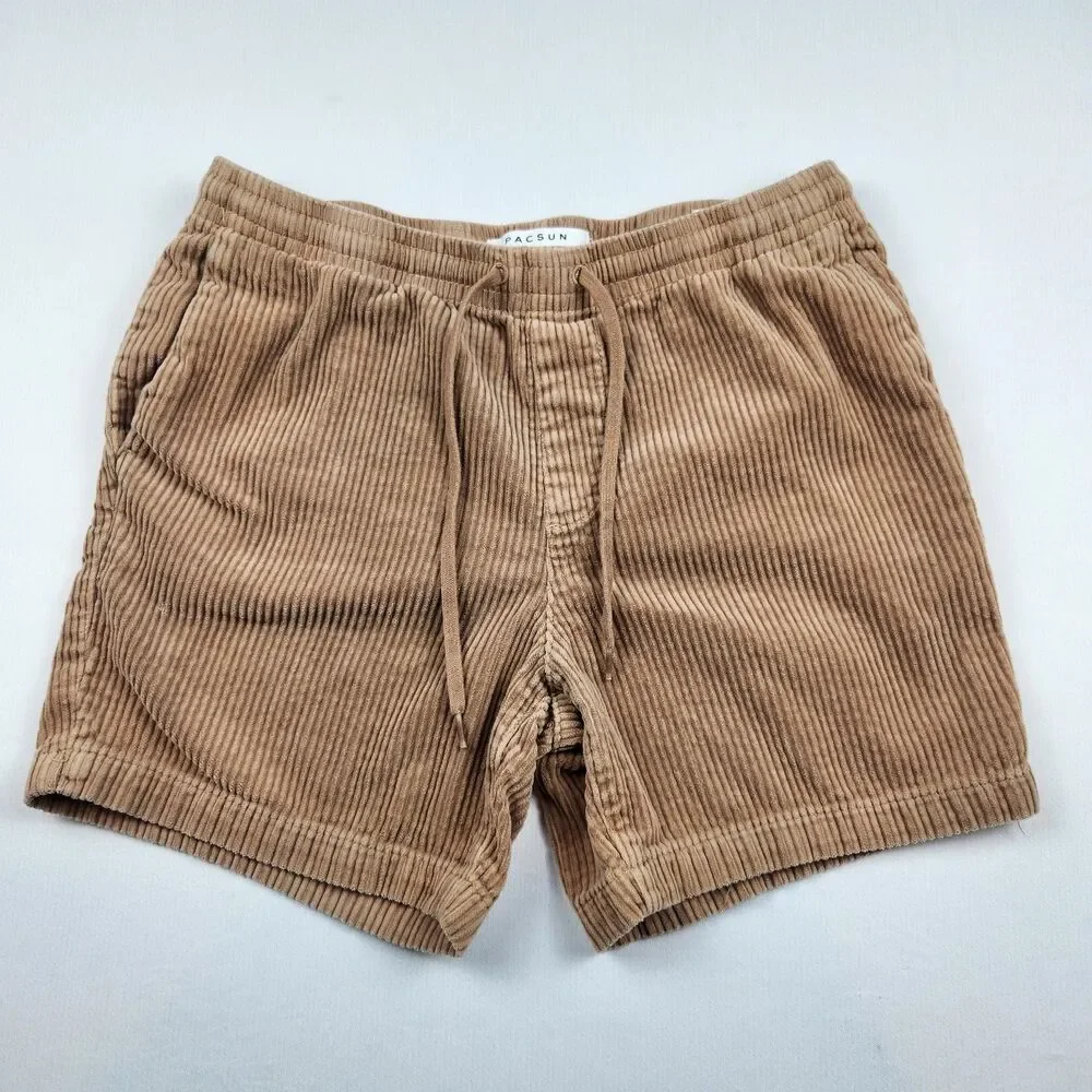 PacSun Corduroy Volley Shorts Mens M Tan/Brown Wide-Wale Drawstring Retro Earthy